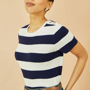 Yumi Navy Block Stripe Knitted Top with Button Details