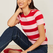 Yumi Red Block Stripe Knitted Top with Button Details