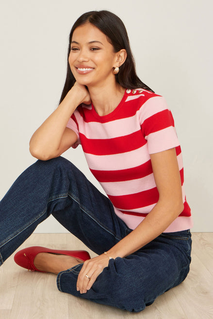 Yumi Red Block Stripe Knitted Top with Button Details