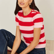 Yumi Red Block Stripe Knitted Top with Button Details