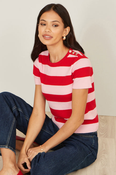 Yumi Red Block Stripe Knitted Top with Button Details
