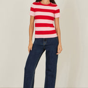Yumi Red Block Stripe Knitted Top with Button Details