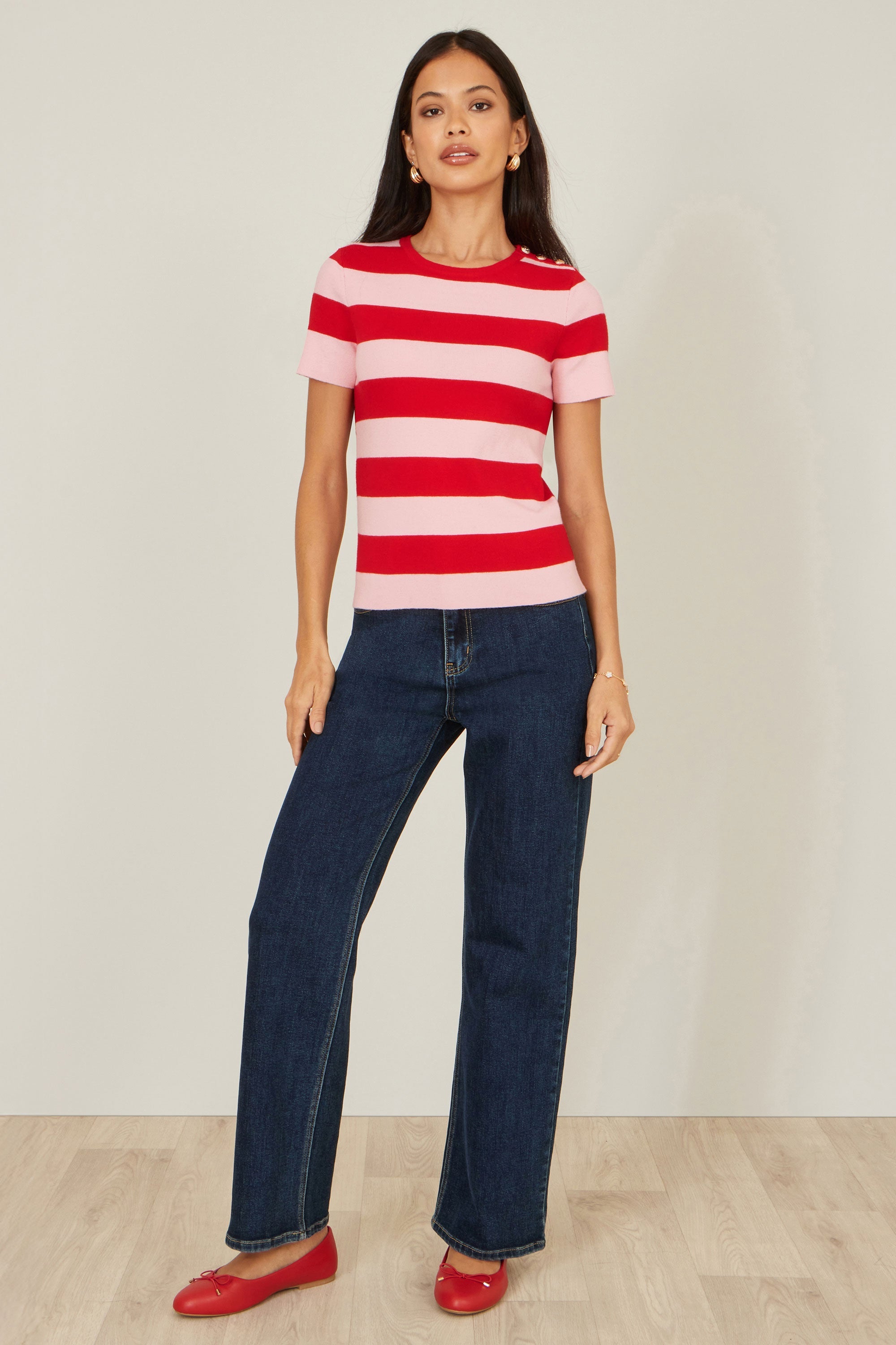Yumi Red Block Stripe Knitted Top with Button Details
