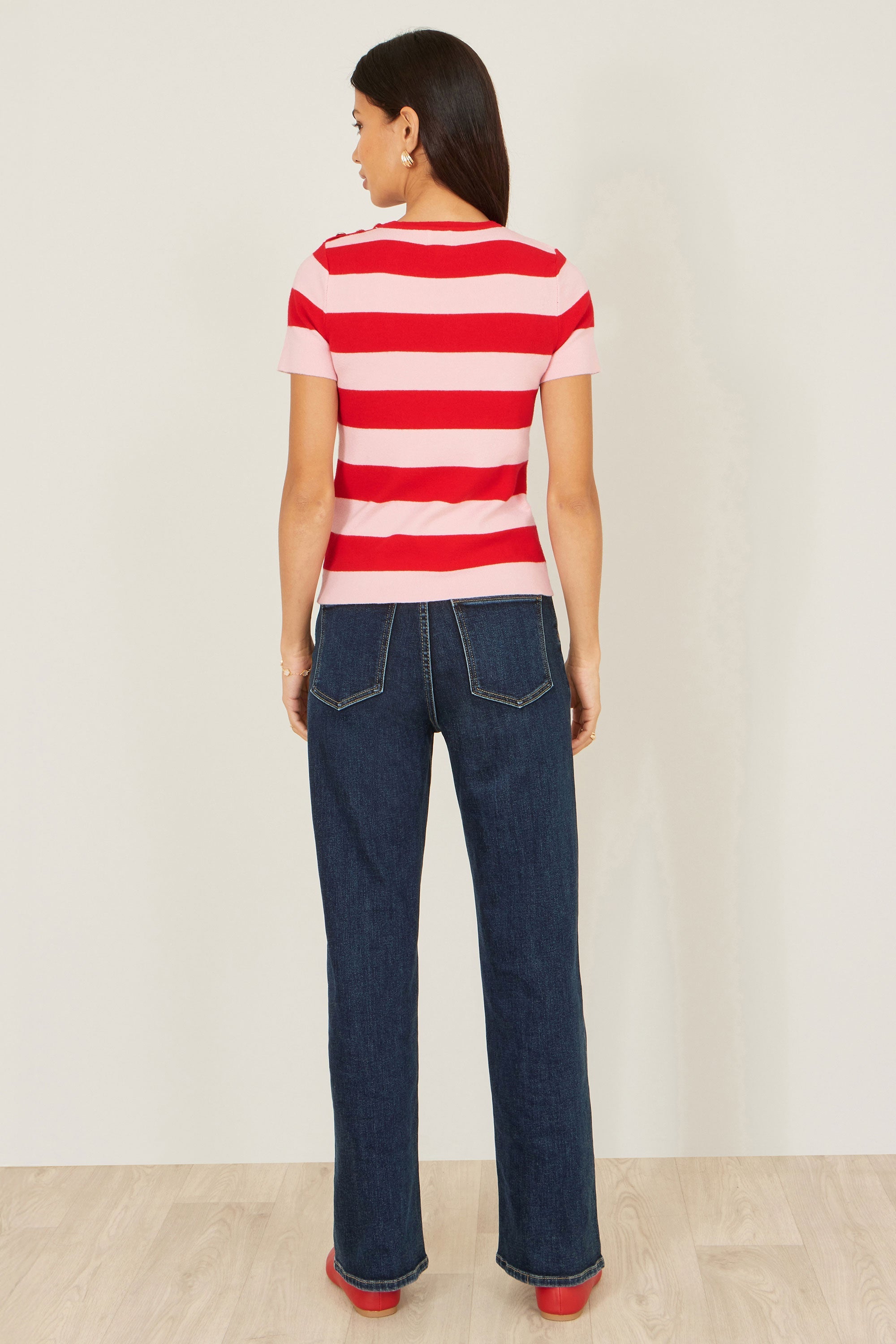 Yumi Red Block Stripe Knitted Top with Button Details