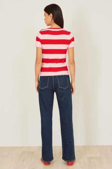 Yumi Red Block Stripe Knitted Top with Button Details