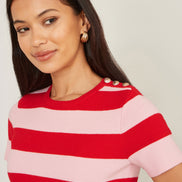 Yumi Red Block Stripe Knitted Top with Button Details