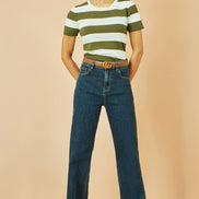 Yumi Green Block Stripe Knitted Top with Button Details