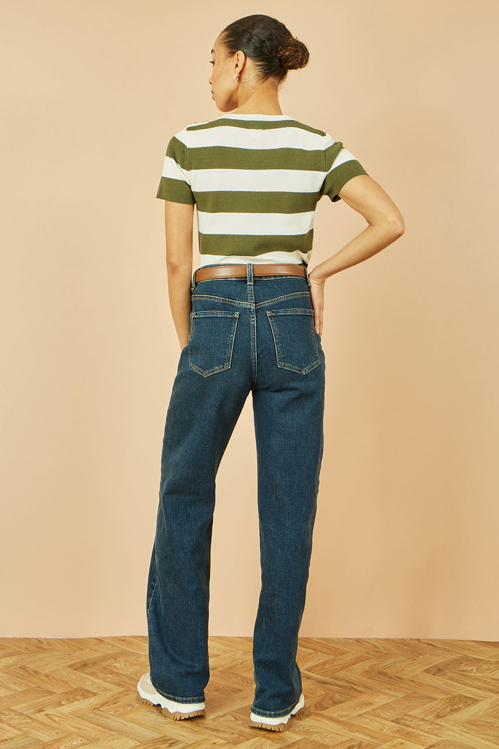 Yumi Green Block Stripe Knitted Top with Button Details