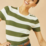 Yumi Green Block Stripe Knitted Top with Button Details