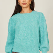 Yumi Sea Green Knitted Balloon Sleeve Jumper