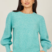 Yumi Sea Green Knitted Balloon Sleeve Jumper