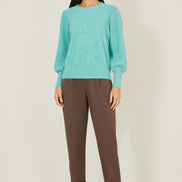 Yumi Sea Green Knitted Balloon Sleeve Jumper