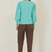 Yumi Sea Green Knitted Balloon Sleeve Jumper