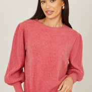Yumi Pink Knitted Balloon Sleeve Jumper
