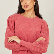 Yumi Pink Knitted Balloon Sleeve Jumper