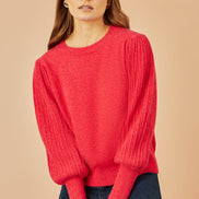 Yumi Red Knitted Balloon Sleeve Textured Jumper