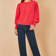 Yumi Red Knitted Balloon Sleeve Textured Jumper