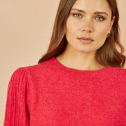 Yumi Red Knitted Balloon Sleeve Textured Jumper
