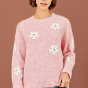 Yumi Pink Relaxed Jumper With Crochet Flowers