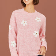 Yumi Pink Relaxed Jumper With Crochet Flowers