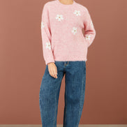 Yumi Pink Relaxed Jumper With Crochet Flowers