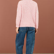 Yumi Pink Relaxed Jumper With Crochet Flowers