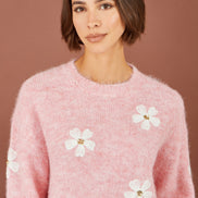 Yumi Pink Relaxed Jumper With Crochet Flowers