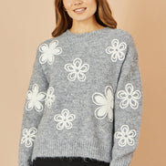 Yumi Grey Relaxed Jumper with Crochet Flowers