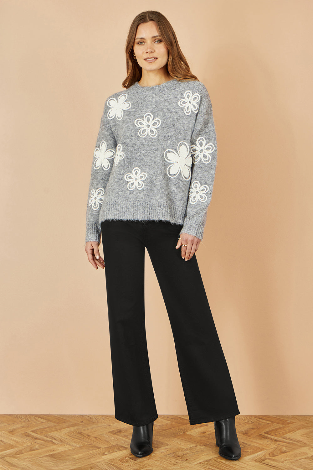 Yumi Grey Relaxed Jumper with Crochet Flowers