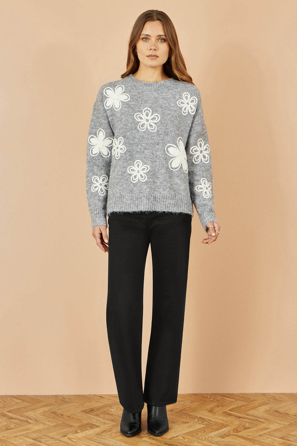 Yumi Grey Relaxed Jumper with Crochet Flowers