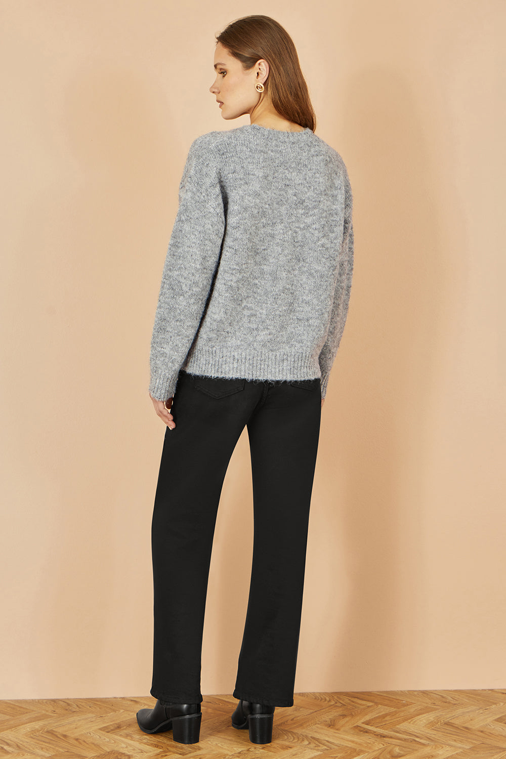 Yumi Grey Relaxed Jumper with Crochet Flowers