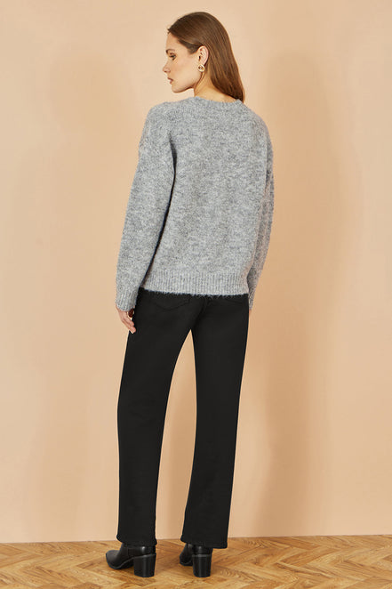 Yumi Grey Relaxed Jumper with Crochet Flowers