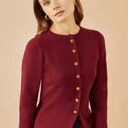 Yumi Burgundy Knitted Fitted Button Down Peplum Cardigan