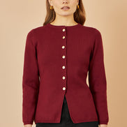 Yumi Burgundy Knitted Fitted Button Down Peplum Cardigan