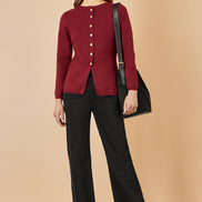 Yumi Burgundy Knitted Fitted Button Down Peplum Cardigan