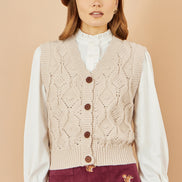 Yumi Oatmeal Button Up Chunky Cable Knit Waistcoat