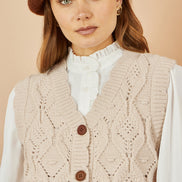 Yumi Oatmeal Button Up Chunky Cable Knit Waistcoat