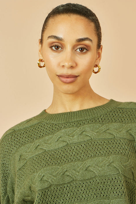 Yumi Green Cable Knit Relaxed Fit Jumper