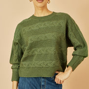 Yumi Green Cable Knit Relaxed Fit Jumper