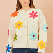 Yumi Ivory Knitted Flower Applique Cardigan