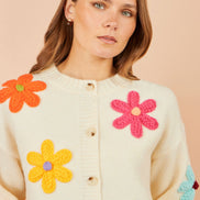 Yumi Ivory Knitted Flower Applique Cardigan