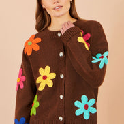 Yumi Brown Knitted Flower Applique Cardigan