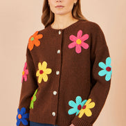 Yumi Brown Knitted Flower Applique Cardigan