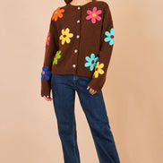 Yumi Brown Knitted Flower Applique Cardigan