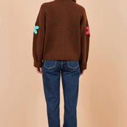 Yumi Brown Knitted Flower Applique Cardigan