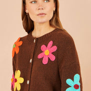 Yumi Brown Knitted Flower Applique Cardigan