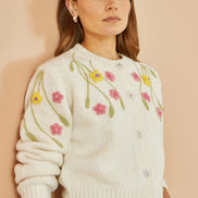 Yumi Beige Flower Embroidered Chunky Knit Cardigan