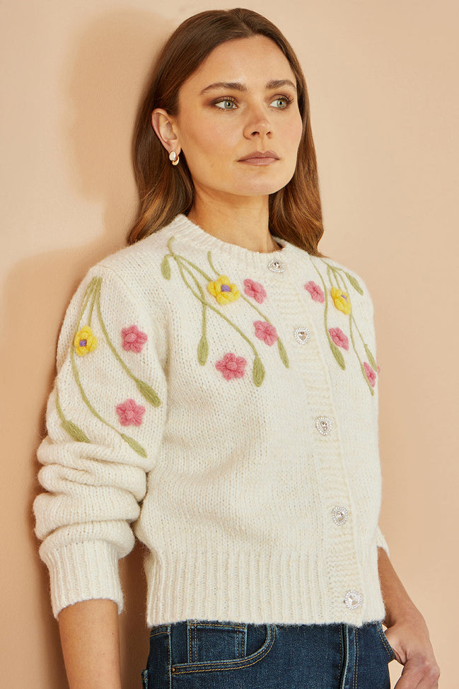 Yumi Beige Flower Embroidered Chunky Knit Cardigan