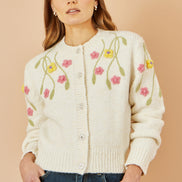 Yumi Beige Flower Embroidered Chunky Knit Cardigan