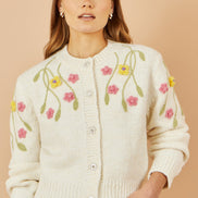 Yumi Beige Flower Embroidered Chunky Knit Cardigan